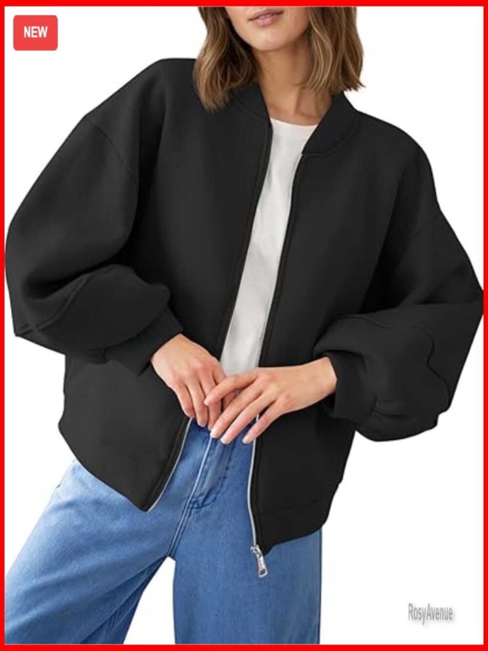 Zip Up Sweatshirt Bomber Jacket Lantern Sleeve Oversized Fall Outfits